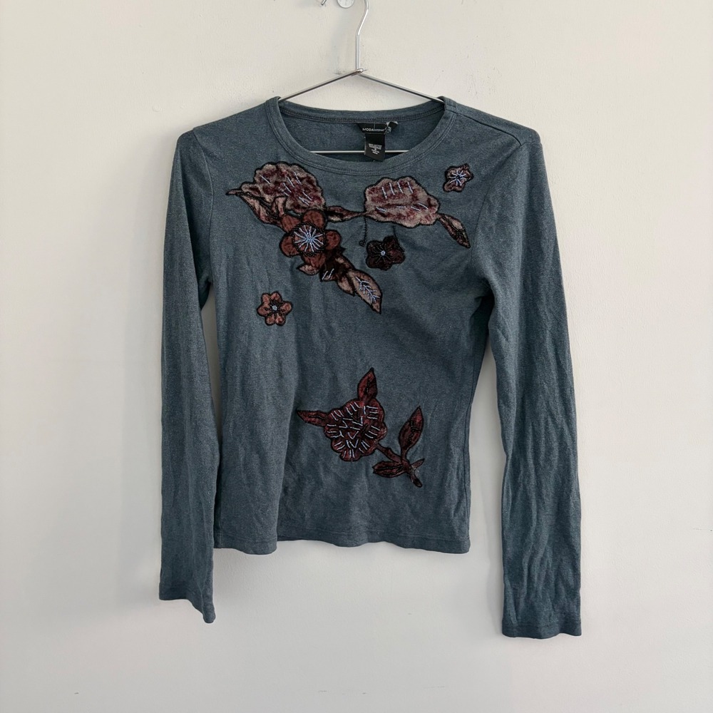 Moda International Gray Floral Beaded Long Sleeve Top Small